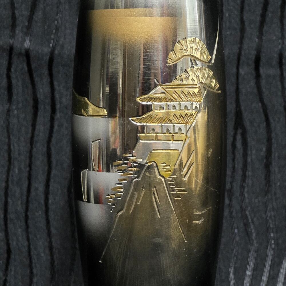 Vintage Japanese Mixed Metal Vase Black Brass Bronze Pagoda Lanscape Scene Japan
